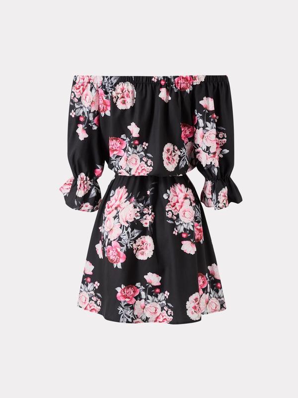 Women's Feather Print Off Shoulder A Line Dress, Bohemian Ruffle Trim Flounce Sleeve Short Dress for Beach Holiday Vacation, Ladies Summer Clothes, Womenswear, Boho Clothes Women, Graphic Print Dress, Bohemian Print Dresses