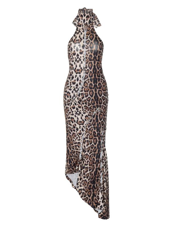 Women's Leopard Print Backless Halter Neck Dress, Fashion Formal Casual Sleeveless Dress for Party Club Dating Wear, Ladies Clothes for All Seasons, Womenswear, Backless Strappy Dress, Side Split Dress
