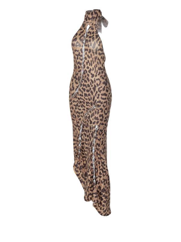 Women's Leopard Print Backless Halter Neck Dress, Fashion Formal Casual Sleeveless Dress for Party Club Dating Wear, Ladies Clothes for All Seasons, Womenswear, Backless Strappy Dress, Side Split Dress
