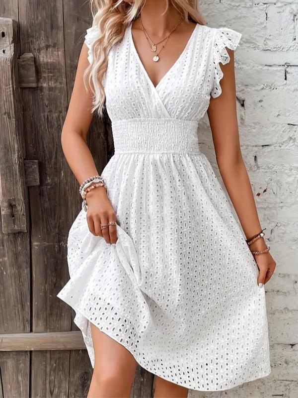 Women's Plain Ruched Dress, Casual Boho Sleeveless V Neck A Line Dress for Summer, Women's Clothing for Daily Wear, Womenswear, Boho Clothes Women, Bohemian Sundress, Milkmaid Dresses