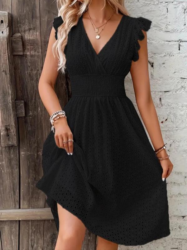 Women's Plain Ruched Dress, Casual Boho Sleeveless V Neck A Line Dress for Summer, Women's Clothing for Daily Wear, Womenswear, Boho Clothes Women, Bohemian Sundress, Milkmaid Dresses