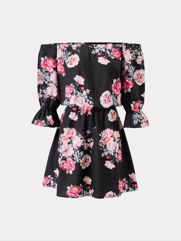 Women's Feather Print Off Shoulder A Line Dress, Bohemian Ruffle Trim Flounce Sleeve Short Dress for Beach Holiday Vacation, Ladies Summer Clothes, Womenswear, Boho Clothes Women, Graphic Print Dress, Bohemian Print Dresses