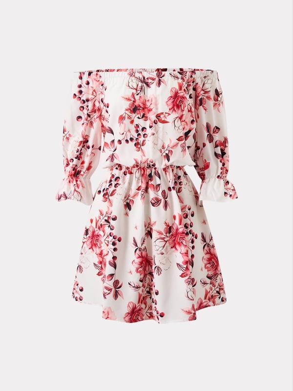 Women's Feather Print Off Shoulder A Line Dress, Bohemian Ruffle Trim Flounce Sleeve Short Dress for Beach Holiday Vacation, Ladies Summer Clothes, Womenswear, Boho Clothes Women, Graphic Print Dress, Bohemian Print Dresses