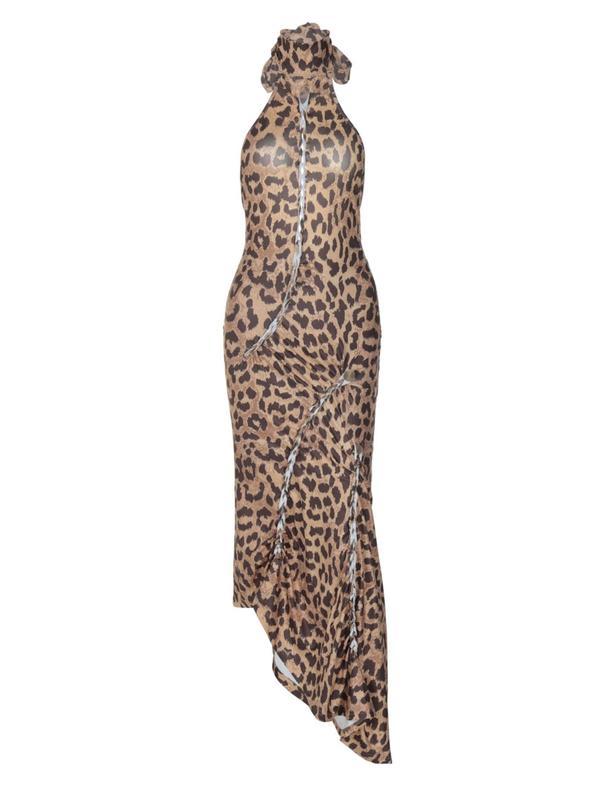 Women's Leopard Print Backless Halter Neck Dress, Fashion Formal Casual Sleeveless Dress for Party Club Dating Wear, Ladies Clothes for All Seasons, Womenswear, Backless Strappy Dress, Side Split Dress