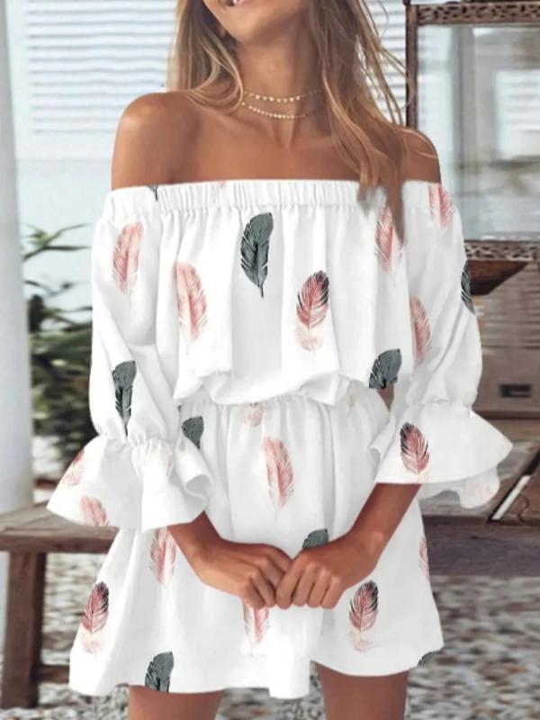 Women's Feather Print Off Shoulder A Line Dress, Bohemian Ruffle Trim Flounce Sleeve Short Dress for Beach Holiday Vacation, Ladies Summer Clothes, Womenswear, Boho Clothes Women, Graphic Print Dress, Bohemian Print Dresses