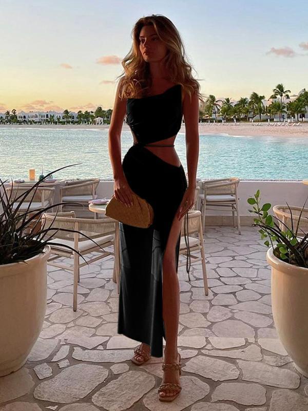 Women's Plain Cut Out Ruched Split Thigh Cami Dress, Asymmetrical Tie Back Sleeveless Bodycon Long Dress for Beach Holiday Vacation, Capri Sun Dress, Ladies Summer Clothes Valentine's Day, Gift, Womenswear, Backless Dress