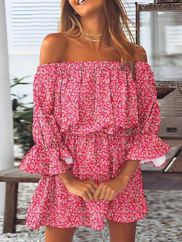 Women's Feather Print Off Shoulder A Line Dress, Bohemian Ruffle Trim Flounce Sleeve Short Dress for Beach Holiday Vacation, Ladies Summer Clothes, Womenswear, Boho Clothes Women, Graphic Print Dress, Bohemian Print Dresses
