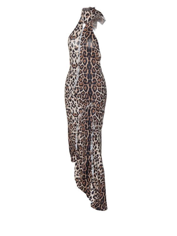 Women's Leopard Print Backless Halter Neck Dress, Fashion Formal Casual Sleeveless Dress for Party Club Dating Wear, Ladies Clothes for All Seasons, Womenswear, Backless Strappy Dress, Side Split Dress