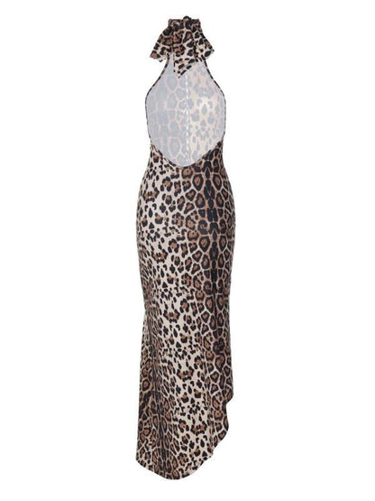 Women's Leopard Print Backless Halter Neck Dress, Fashion Formal Casual Sleeveless Dress for Party Club Dating Wear, Ladies Clothes for All Seasons, Womenswear, Backless Strappy Dress, Side Split Dress