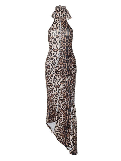 Women's Leopard Print Backless Halter Neck Dress, Fashion Formal Casual Sleeveless Dress for Party Club Dating Wear, Ladies Clothes for All Seasons, Womenswear, Backless Strappy Dress, Side Split Dress