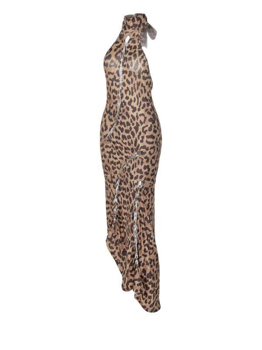 Women's Leopard Print Backless Halter Neck Dress, Fashion Formal Casual Sleeveless Dress for Party Club Dating Wear, Ladies Clothes for All Seasons, Womenswear, Backless Strappy Dress, Side Split Dress