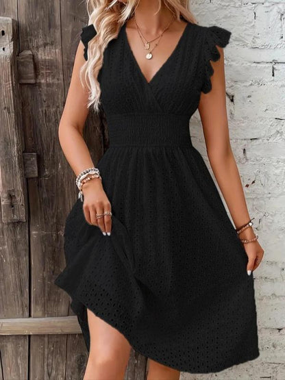 Women's Plain Ruched Dress, Casual Boho Sleeveless V Neck A Line Dress for Summer, Women's Clothing for Daily Wear, Womenswear, Boho Clothes Women, Bohemian Sundress, Milkmaid Dresses
