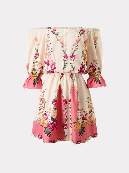 Women's Feather Print Off Shoulder A Line Dress, Bohemian Ruffle Trim Flounce Sleeve Short Dress for Beach Holiday Vacation, Ladies Summer Clothes, Womenswear, Boho Clothes Women, Graphic Print Dress, Bohemian Print Dresses