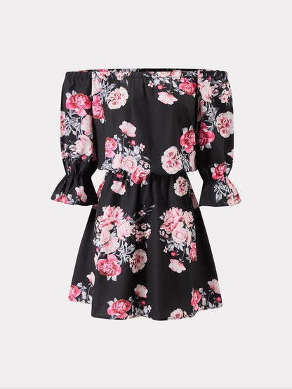Women's Feather Print Off Shoulder A Line Dress, Bohemian Ruffle Trim Flounce Sleeve Short Dress for Beach Holiday Vacation, Ladies Summer Clothes, Womenswear, Boho Clothes Women, Graphic Print Dress, Bohemian Print Dresses