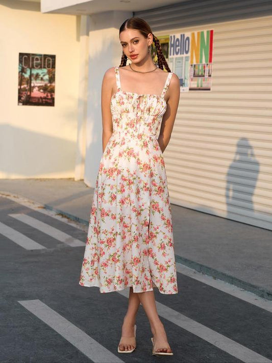 Parthea Women's Floral Print Ruched Split Thigh Dress, Elegant Sleeveless Midi Dress for Summer, Ladies Clothes for Beach Holiday