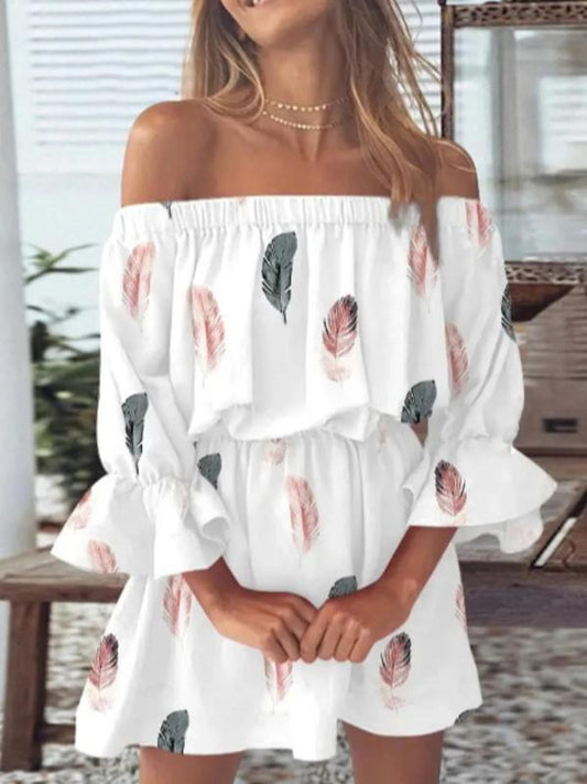 Women's Feather Print Off Shoulder A Line Dress, Bohemian Ruffle Trim Flounce Sleeve Short Dress for Beach Holiday Vacation, Ladies Summer Clothes, Womenswear, Boho Clothes Women, Graphic Print Dress, Bohemian Print Dresses