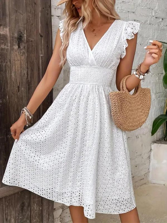 Women's Plain Ruched Dress, Casual Boho Sleeveless V Neck A Line Dress for Summer, Women's Clothing for Daily Wear, Womenswear, Boho Clothes Women, Bohemian Sundress, Milkmaid Dresses