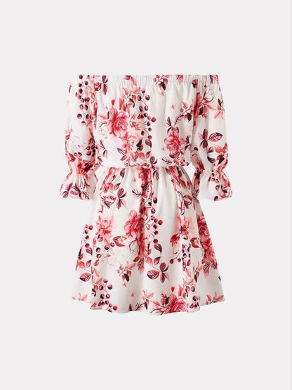 Women's Feather Print Off Shoulder A Line Dress, Bohemian Ruffle Trim Flounce Sleeve Short Dress for Beach Holiday Vacation, Ladies Summer Clothes, Womenswear, Boho Clothes Women, Graphic Print Dress, Bohemian Print Dresses