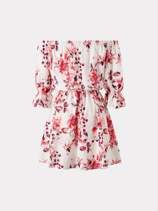 Women's Feather Print Off Shoulder A Line Dress, Bohemian Ruffle Trim Flounce Sleeve Short Dress for Beach Holiday Vacation, Ladies Summer Clothes, Womenswear, Boho Clothes Women, Graphic Print Dress, Bohemian Print Dresses