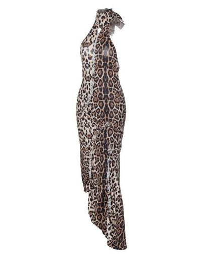 Women's Leopard Print Backless Halter Neck Dress, Fashion Formal Casual Sleeveless Dress for Party Club Dating Wear, Ladies Clothes for All Seasons, Womenswear, Backless Strappy Dress, Side Split Dress